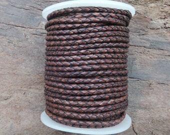 3 mm Distressed Dark Brown Natural Dye Genuine Round Bolo Braided Leather Cord from 1 to 5 meters