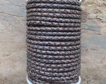 4 mm Distressed Black Natural Dye Genuine Round Bolo Braided Leather Cord  from 1 to 5 meters