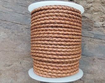 3 mm Distressed Light Brown Natural Dye Genuine Round Bolo Braided Leather Cord from 1 to 5 meters