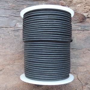2 mm Black Natural Dye Round Leather Cord from 3 to 25 meters (3.3 yards to 27 yards)