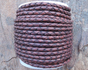 3 mm Distressed Brown Natural Dye Genuine Round Bolo Braided Leather Cord from 1 to 5 meters