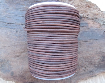 2.5 mm Distressed Brown Natural Dye Round Leather Cord from 3 to 50 meters (3.3 yards to 54 yards)