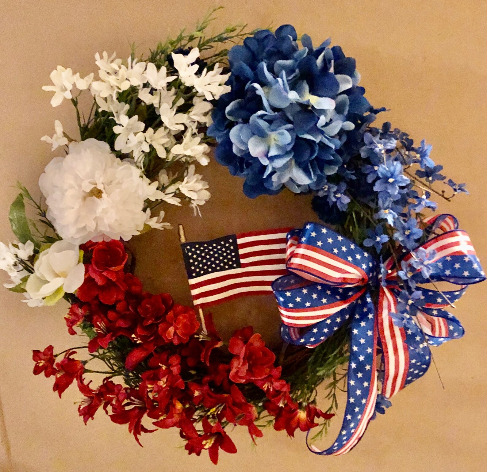 Patriotic wreath with red white and blue silk flowers topped Etsy