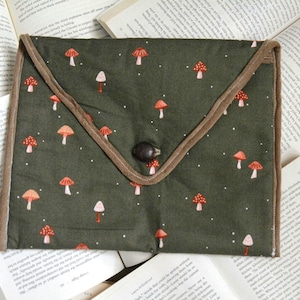 Mushroom book sleeve toadstool book sleeve with button book cover envelope travel cover for book lover gift for nature lover book sleeve