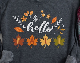 Linda camisa de otoño Hello, camiseta de damas divertidas, camiseta de mujer de temporada de hojas de otoño, sudadera ilustrada de vacaciones de Acción de Gracias, sudadera con capucha de Halloween