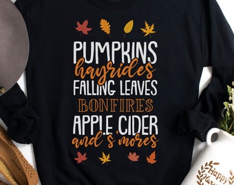 Lindas calabazas Hayrides Hojas que caen Hogueras Sidra de manzana Smores Camisa, Camiseta de damas divertidas, Camiseta de mujer, Sudadera navideña de Acción de Gracias