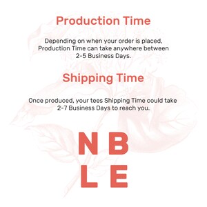 May include: A graphic with the text "Production Time" and "Shipping Time" in red. The text explains that production time takes 2-5 business days and shipping time takes 2-7 business days. The graphic also includes the text "NBLE" in large red letters.