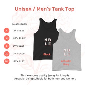 Pu&ograve; includere: Un top a canotta nero e grigio atletico con la scritta "NBLE" stampata sul davanti. La canotta &egrave; disponibile nelle taglie S, M, L, XL e 2XL. Le misure sono indicate in pollici.