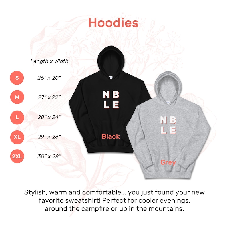 Pu&ograve; includere: Due felpe con cappuccio, una nera e una grigia, con la scritta "NBLE" stampata sul davanti. Le felpe con cappuccio sono disponibili nelle taglie S, M, L, XL e 2XL. La tabella delle taglie mostra la lunghezza e la larghezza di ogni taglia in pollici.