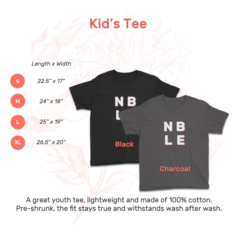 Pu&ograve; includere: Una maglietta per ragazzi in nero e antracite con la parola "NBLE" stampata in bianco. La maglietta &egrave; disponibile nelle taglie S, M, L e XL. Le misure per ogni taglia sono elencate in pollici. La maglietta &egrave; realizzata in 100% cotone e pre-restringente.