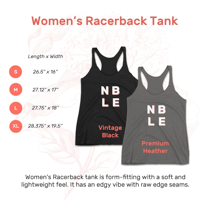 Pu&ograve; includere: Canotta racerback in nero vintage e grigio melange premium con il testo "NBLE" in bianco. La tabella delle taglie mostra le misure in pollici.