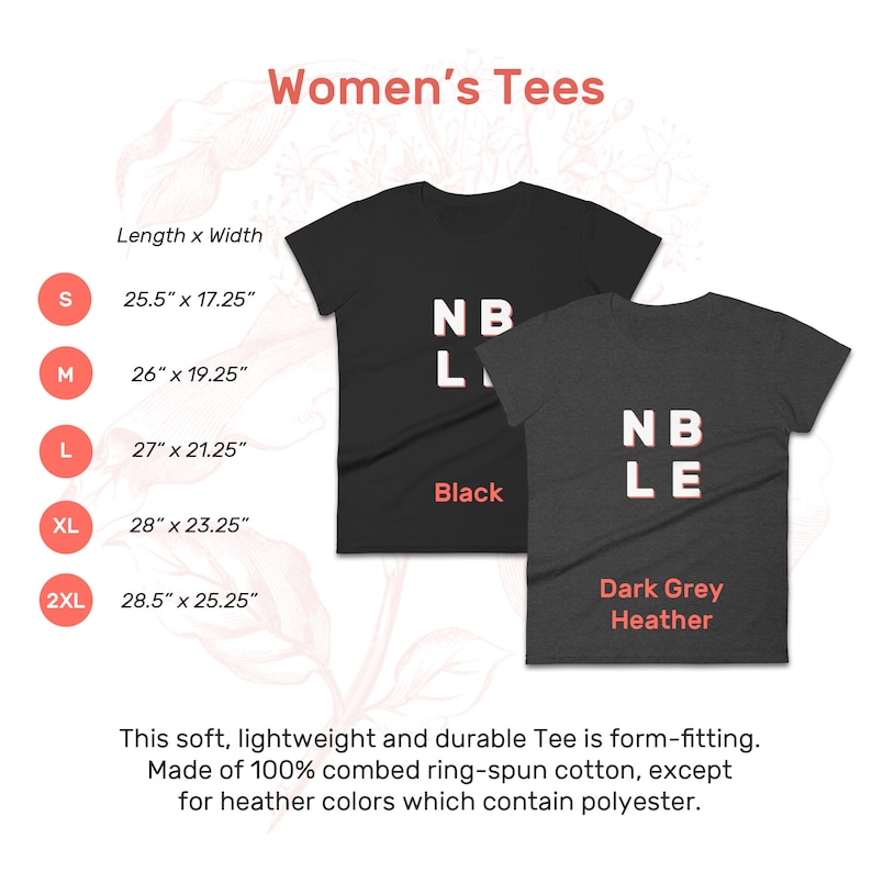 Pu&ograve; includere: Due t-shirt da donna, una nera e una grigio scuro melange, con la parola "NIBLE" stampata sul davanti in lettere bianche e rosse. Le t-shirt sono disponibili nelle taglie S, M, L, XL e 2XL. La tabella delle taglie mostra la lunghezza e la larghezza di ogni taglia in pollici.