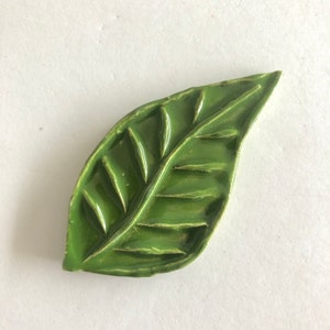 Op de afbeelding: Een groen keramiek blad met een gedetailleerd adernetwerk. Het blad is licht gebogen en heeft een glanzende afwerking.