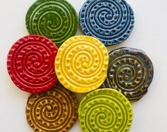 Handmade Ceramic Circle Tile with a Swirl for Use in Mosaics or Other Art Projects