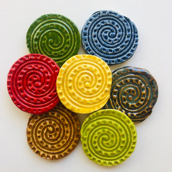 Handmade Ceramic Circle Tile with a Swirl for Use in Mosaics or Other Art Projects