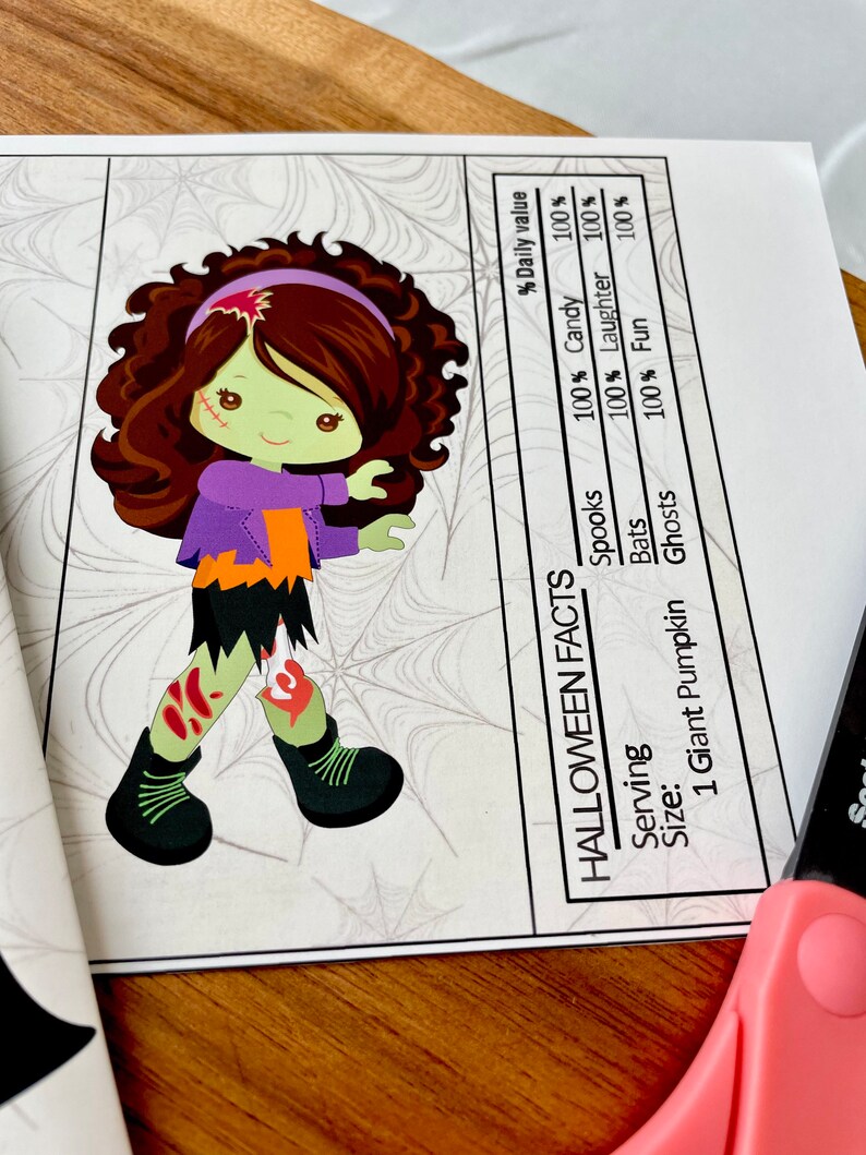 May include: A Halloween-themed nutrition facts label with a cartoon illustration of a zombie girl. The label lists the percentage of daily value for spooks, candy, laughter, bats, fun, and ghosts. The serving size is one giant pumpkin.