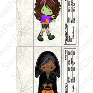 May include: Two illustrations of children dressed in Halloween costumes. The first illustration shows a girl with green skin and brown hair wearing a purple and orange shirt and holding a candy bar. The second illustration shows a girl with black hair wearing a black cape and holding a pumpkin. Both illustrations include text that reads "HALLOWEEN FACTS" and lists the nutritional value of "Spooks", "Bats", "1 Giant Pumpkin", and "Ghosts".