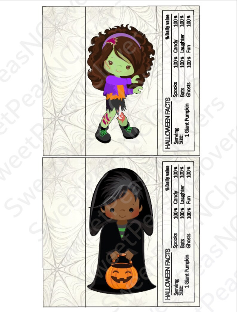 May include: Two illustrations of children dressed in Halloween costumes. The first illustration shows a girl with green skin and brown hair wearing a purple and orange shirt and holding a candy bar. The second illustration shows a girl with black hair wearing a black cape and holding a pumpkin. Both illustrations include text that reads "HALLOWEEN FACTS" and lists the nutritional value of "Spooks", "Bats", "1 Giant Pumpkin", and "Ghosts".