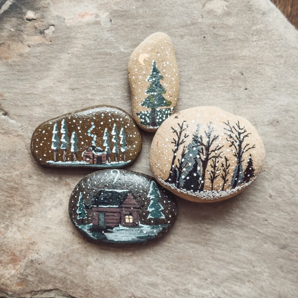 Small Painted Winter Stones, Set of 4, Painted Rocks, Rock Art, Rock Painting, Winter Art, Hand Painted Stones, Miniature Snow Art