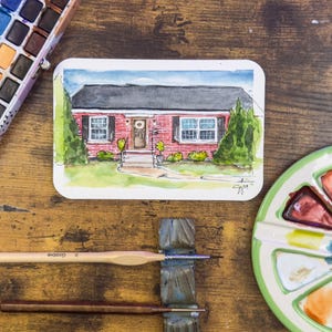 Aquarelle personnalisée carte postale portrait de maison - illustration de maison peinte à la main, art pour lieu de mariage, tache de vacances, cadeau unique