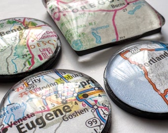 US State and City Upcycled Map Magnets, Set of 4, Travel Magnets, Refrigerator Kitchen Magnet, Personalized Gifts, Gift for traveler