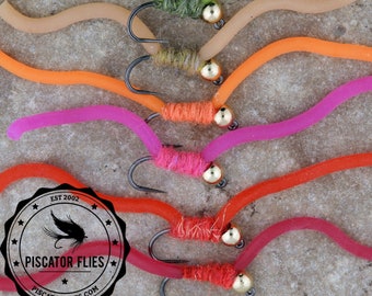 Squirmy Wormy Worm BH Jig Fly Fishing Flies 12pc for Trout, Bass, Panfish, and Carp Hooks Tungsten Bead Head 1 dozen 6 colors