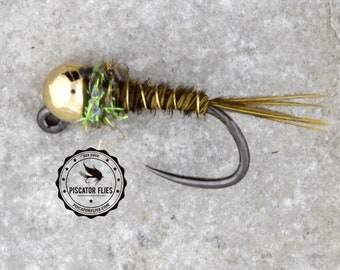 Olive Pheasant Tail Nymph PTN Fly Fishing Tungsten Bead Head BH Flies for Euro Nymphing Trout and Panfish Six (6) Pieces