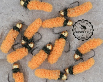 12 BH Mop Fly Orange Gold Bead Hand Tied Nymphing Trout and Panfish 1 Dozen Size 10