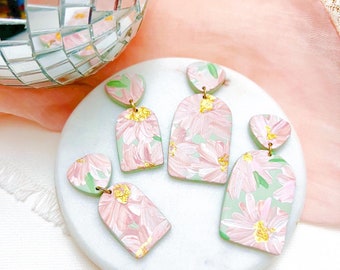 THE KATHLEEN in Pink Daisies/Polymer Clay/Earrings/Trending/Gifts/Clay Earrings/Handmade/Unique/Gold/Style/Beautiful/Dangle/Drop/Jewelry