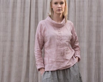 Linen women's blouse with pleats. Linen women's loose top. Turtleneck sweatshirt. 20 colours