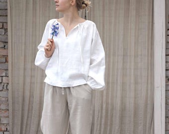 Romantic Linen Blouse, Puffy Raglan Sleeves, Boho Country Style