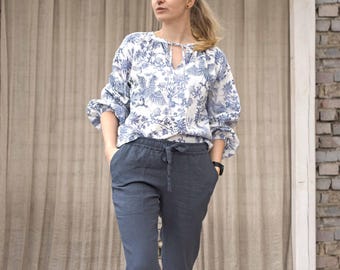 Blue Bird Linen Blouse, Romantic Women's Top with Puffy Sleeves