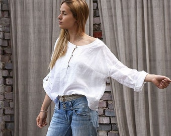 Women linen shirt / Linen, loose blouse / Japanese clothing / Boho / Arty shirt / Natural white linen top