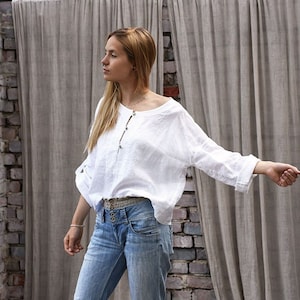 Women linen shirt / Linen, loose blouse / Japanese clothing / Boho / Arty shirt / Natural white linen top