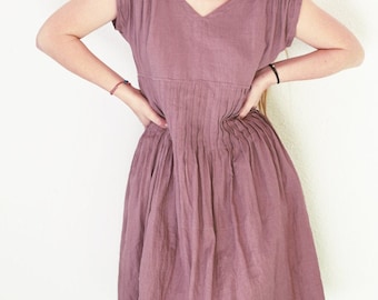 Linen Midi Pleated Dress: Knee Length, Short Sleeve