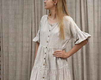 Long, linen dress with frills/ Women's button-down long shirt/  Boho dress/ Ruffle vinted dress with puff sleeves