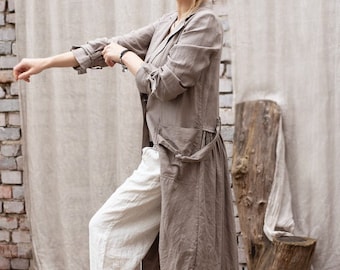 Washed Linen Trench Coat: Long Sleeve Duster Jacket