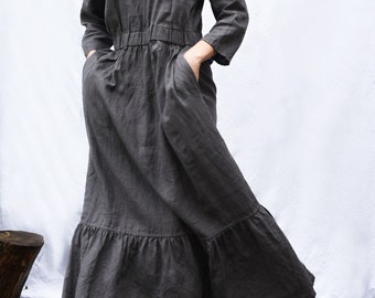 Long linen dress with frills. Linen boho dress with pockets and elastic waistband. 20 colours