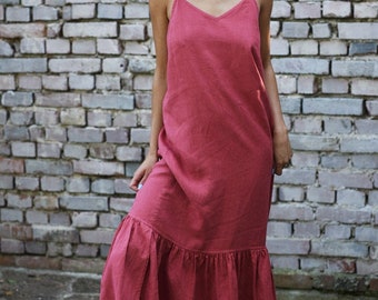 Linen long dress with frills. Midi dress with adjustable straps