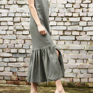 Linen long dress with frills. Midi dress with adjustable straps image 6