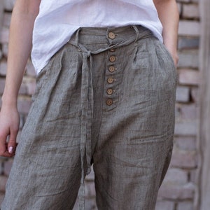 Ladies loose linen pants/trousers with button fly and side pockets. Baggy pants. Colors
