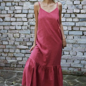 Linen long dress with frills. Midi dress with adjustable straps image 1