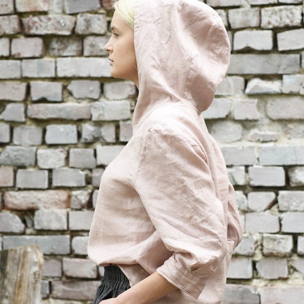 Linnen hoodieshirt: handgemaakte damestop met 3/4 mouwen