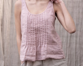 Linen pleated top with straps. Linen ladies T-shirt.  20 colours