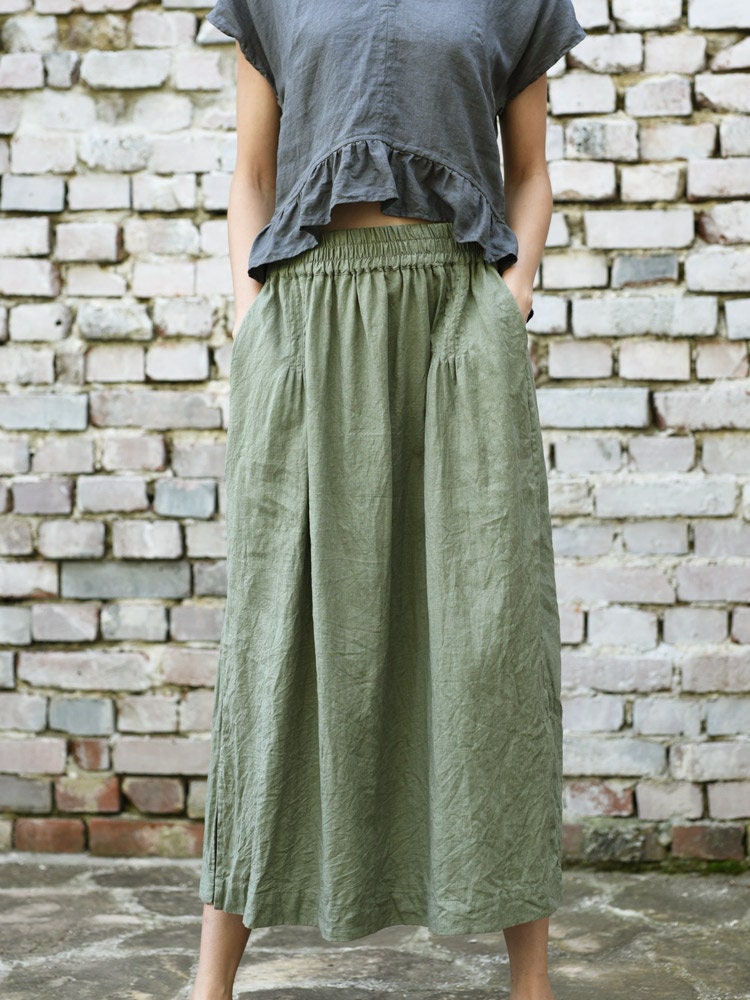 Linen Long Skirt. Skirt With Deep Pockets and Elastic