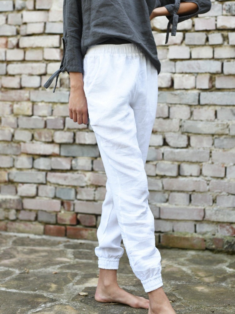Linen Ladies Long Pants With Elastic on 