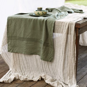 Linen romantic table runner for setting the table . Pleated natural tablecloth. Colours
