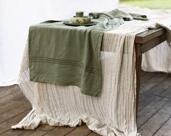 Linen romantic table runner for setting the table . Pleated natural tablecloth. Colours