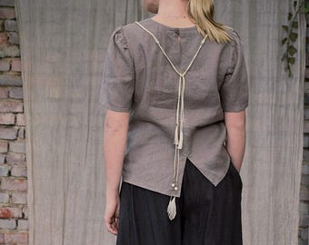 Linen Puff-Sleeve Blouse: Loose Fit, Button Back