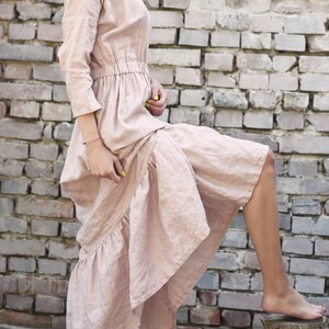 Long linen dress with frills. Linen boho dress with pockets and elastic waistband. 20 colours